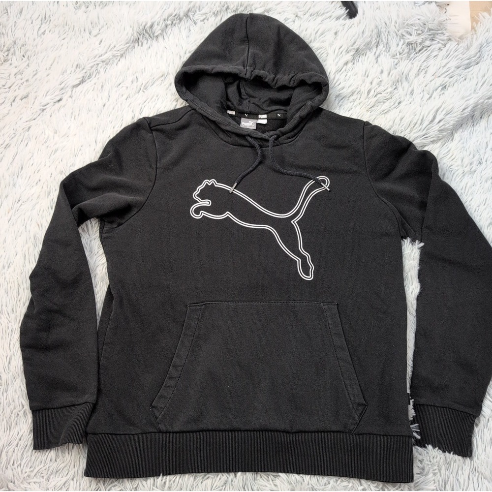 Puma Sweatshirt Boys L Black Hoodie Logo Pockets Athletic Comfort